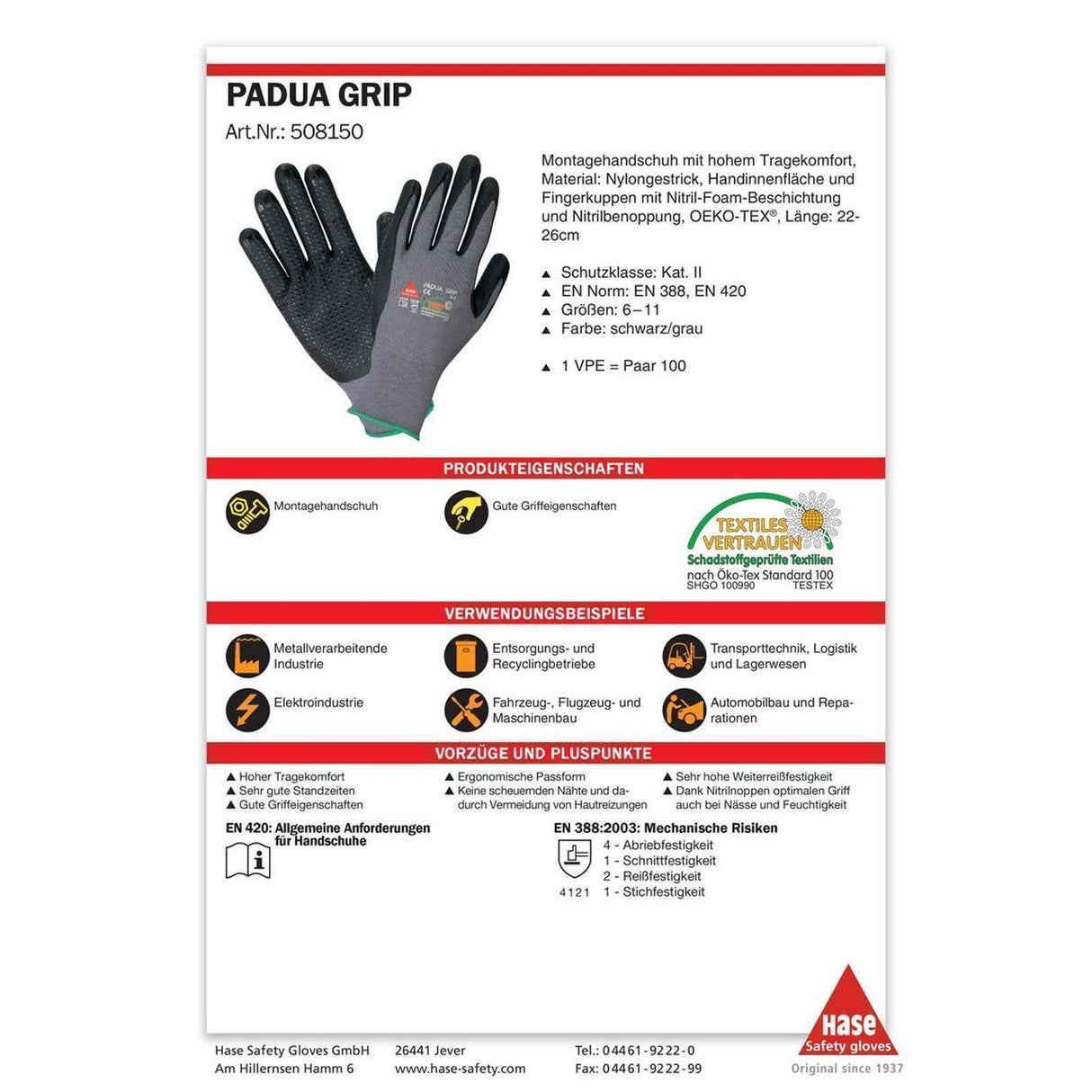 Arbeitshandschuhe Padua Grip Ce CAT II EN 420/388